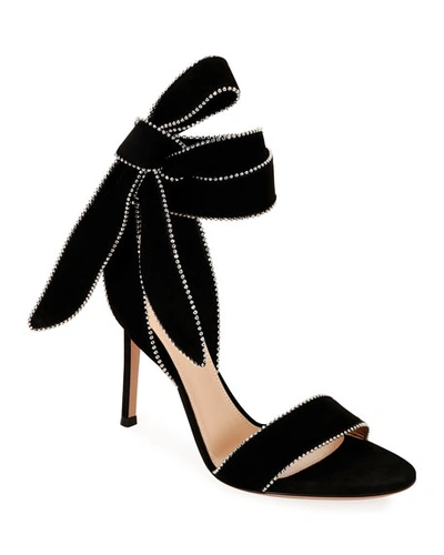 Gianvito Rossi Beaded Suede Ankle-tie Bow Sandals In Black