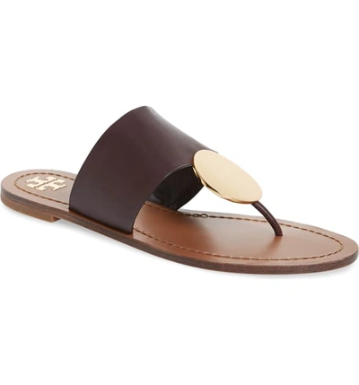 Tory Burch Patos Disk Leather Flat Slide Sandals In Malbec/ Gold