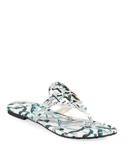 Tory Burch Miller Medallion Floral-print Leather Flat Thong Sandals In Ivory Desert