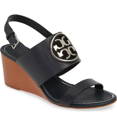 Tory Burch Metal Miller Slingback Wedge Sandals In Perfect Navy/ Silver