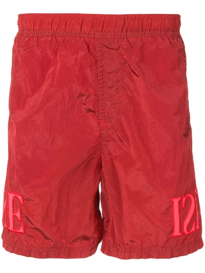 Stone Island Logo Embroidered Swim Shorts In Red