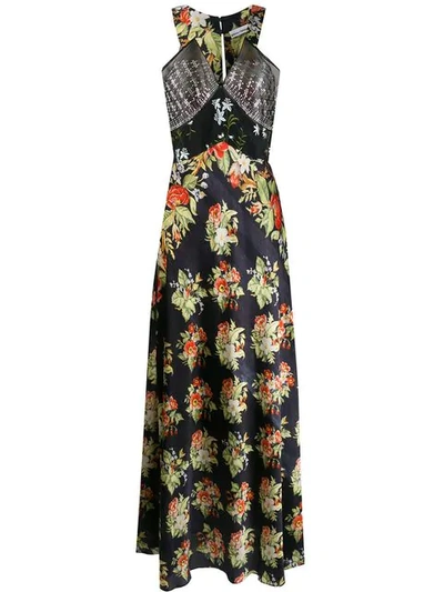 Paco Rabanne Black Rose Embroidered Floral-print Satin Maxi Dress