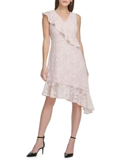 Donna Karan Asymmetric Lace Midi Dress In Pale Pink