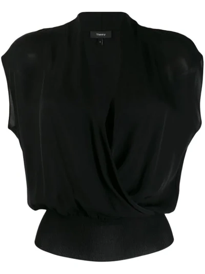 Theory Draped Combo Silk Top In Black