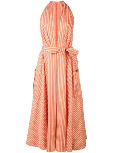 Sara Battaglia Plunge Neck Striped Dress In Orange