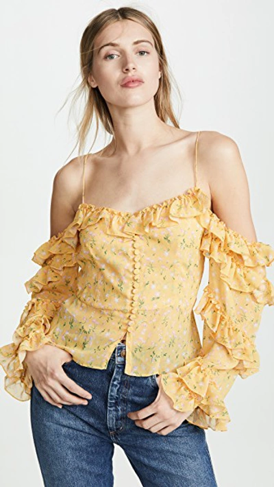 Divine Héritage Cold Shoulder Ruffle Sleeve Button Up Blouse In Buttercup