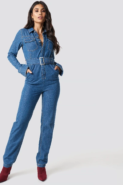 Dilara X Na-kd Belted Denim Jumpsuit Blue ModeSens