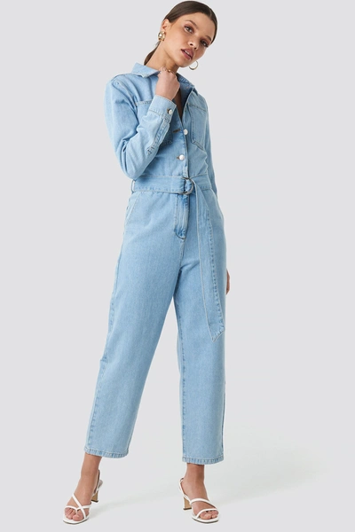 Na-kd Waist Belt Denim Jumpsuit Blue In Light Blue Wash ModeSens