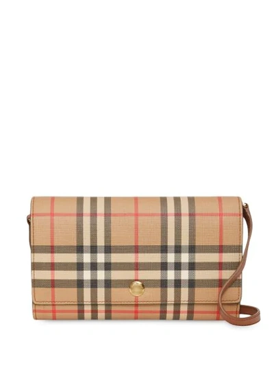 Burberry Vintage Check E-canvas Wallet With Detachable Strap In Brown