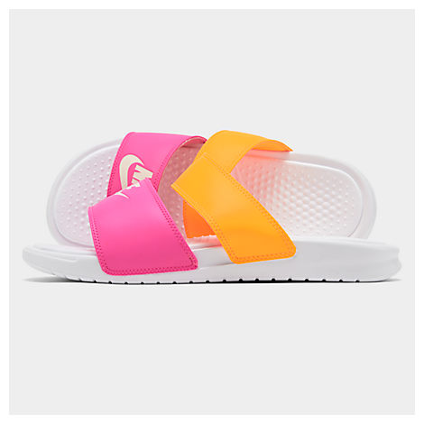 pink and orange nike slides