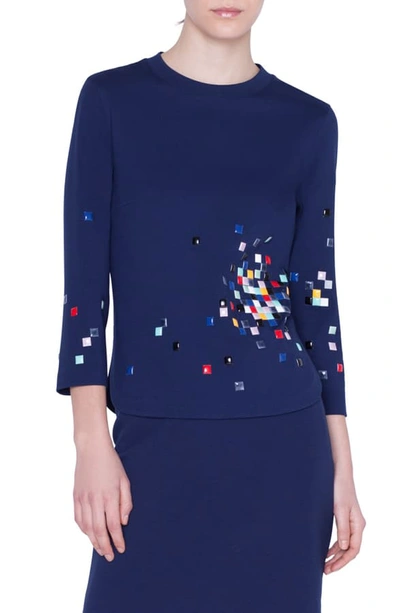 Akris Punto 3/4-sleeve Pixel-embellished Jersey Shirt In Dark Denim Pixel