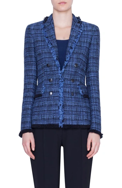 Akris Punto Fringe-trim Tweed Blazer Jacket In Dark Denim/ Black