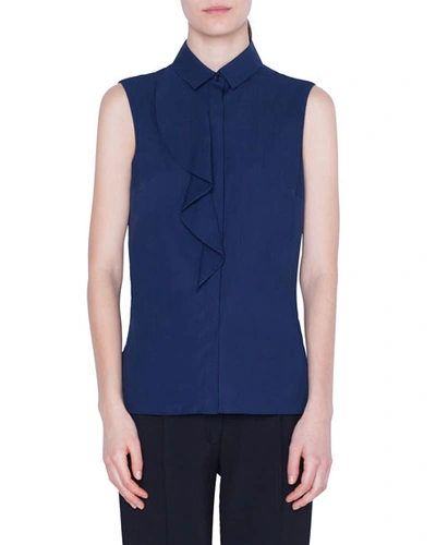 Akris Punto Sleeveless Ruffle-trimmed Button-front Shirt In Navy