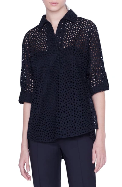 Akris Punto Dotted Lace 3/4-sleeve Popover Blouse In Black