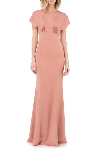 Kay Unger Dolman-sleeve Column Gown With Pintucks In Deep Rose
