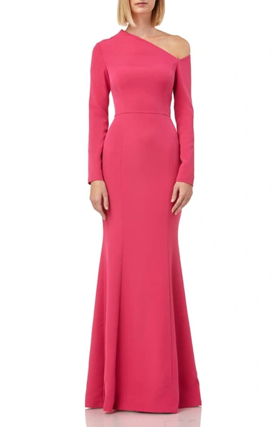 Kay Unger Asymmetric-neck Long-sleeve Stretch-crepe Trumpet Gown In Coral Pink