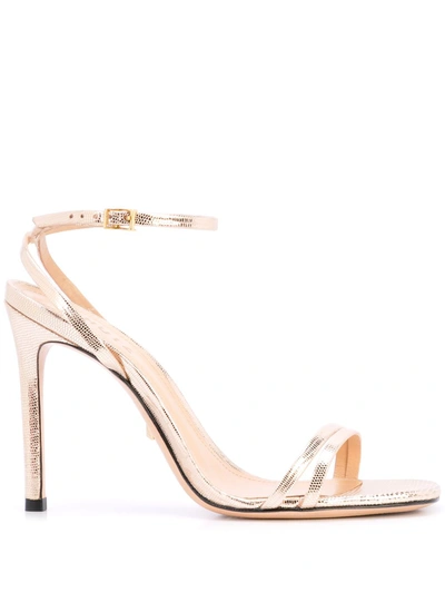 Schutz Altina Metallic Lizard embossed Leather Sandals In Gold