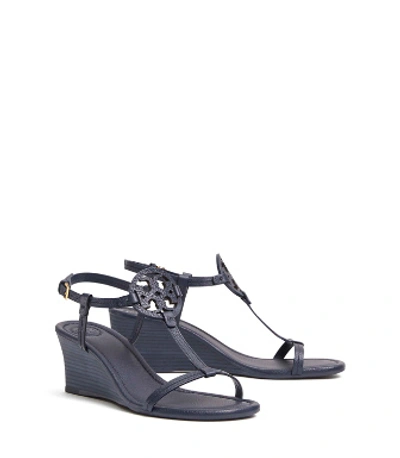 Tory Burch Miller Sandal Wedges, Tumbled Leather In Perfect Navy