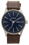 Nixon The Sentry Leather Strap Watch, 42mm In Brown/ Blue