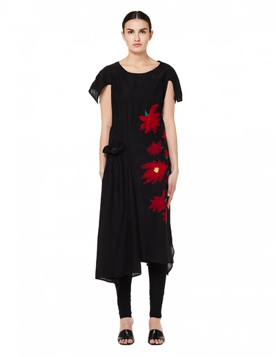 Yohji Yamamoto Flower Printed Silk Dress In Black