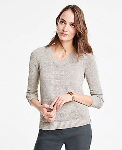 Ann Taylor Petite Textured V-neck Sweater In Smooth Sand Heather