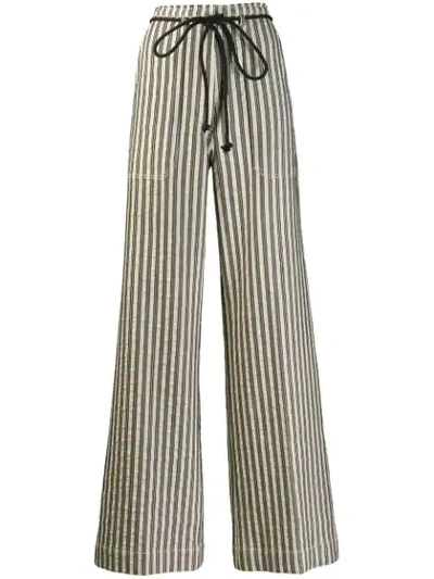 Ann Demeulemeester Belted Striped Cotton And Ramie-blend Wide-leg Pants In Beige,black