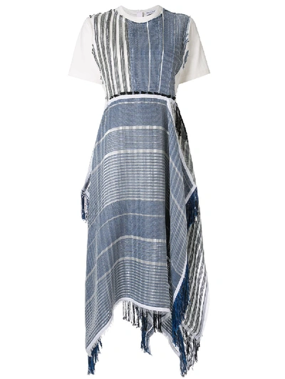 Jw Anderson Fringed Asymmetric Cotton-jersey And Striped Gauze Midi Dress In Blue