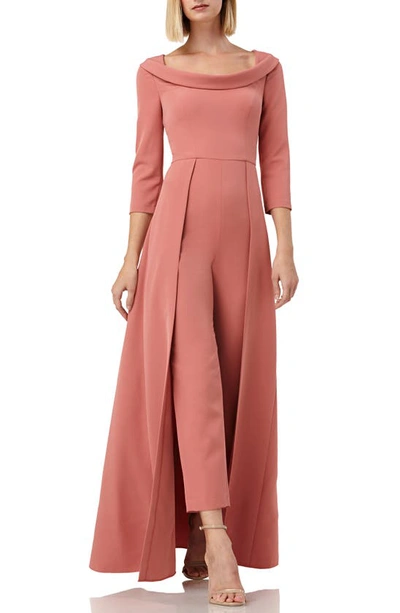 Kay Unger Walk Thru Boat-neck 3/4-sleeve Jumpsuit W/ Crepe Overlay Skirt, Deep Rose