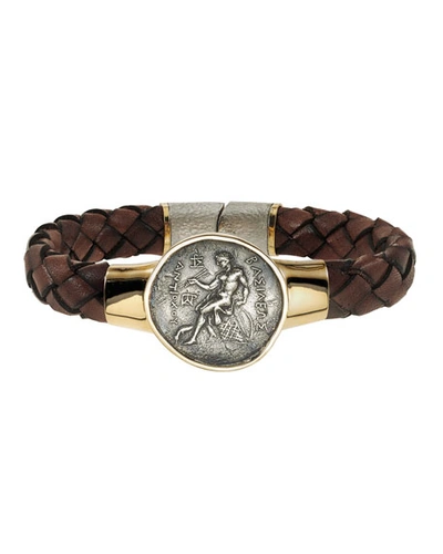 Jorge Adeler Men's Ancient Apollo Coin Braided Leather Bracelet In Yellow Gold