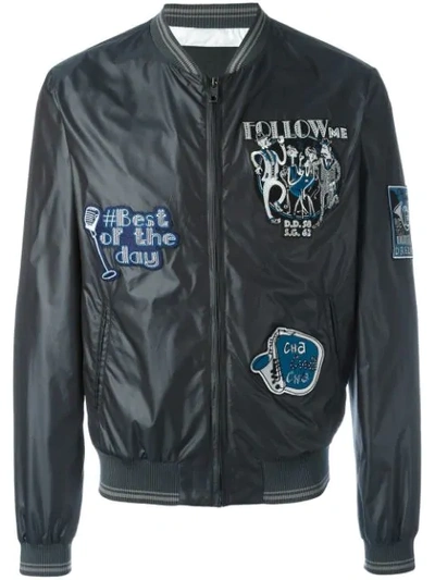 Dolce & Gabbana Nylon Bomber Jacket With Front Patch In Gris