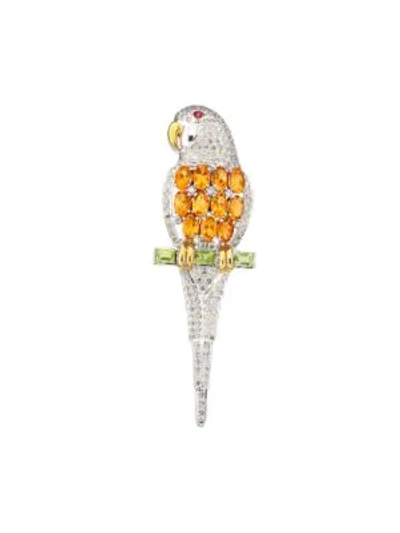 Renee Lewis 14k White Gold, Diamond & Multi-gemstone Parrot Brooch