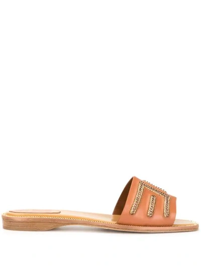 René Caovilla Crystal-embellished Flat Leather Sandals In Light Brown