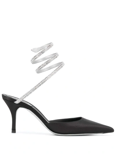 René Caovilla Women's Cleo Ankle-wrap Crystal-embellished Leather & Satin Pumps In Black