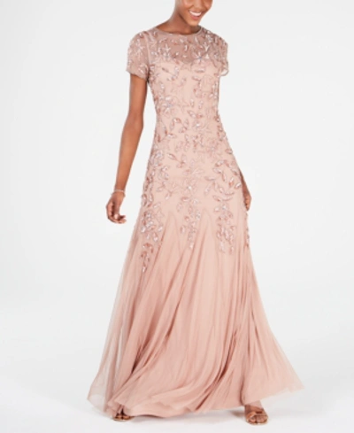 Adrianna Papell Petite Beaded Mermaid Gown In Rose Gold