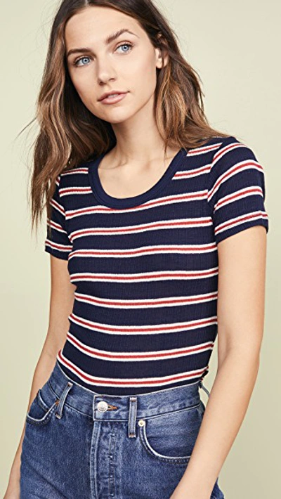 Sundry Scoop Neck Tee In Navy/red Stripe