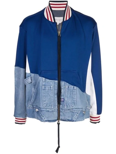 Greg Lauren Panelled Distressed Denim And Tech-jersey Bomber Jacket In Blue