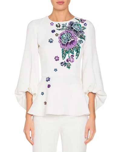 Andrew Gn Blouson-sleeve Peplum Blouse With Floral Embroidery In White