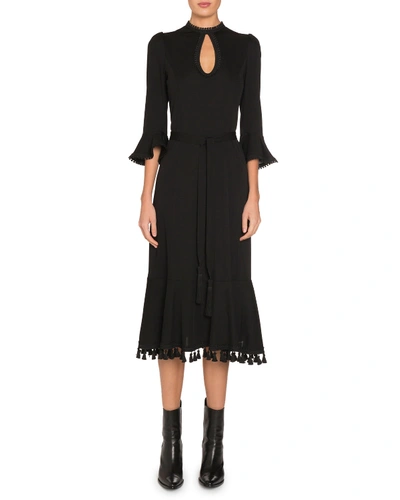 Andrew Gn Flare-sleeve Keyhole Jersey Dress With Fringe In Black