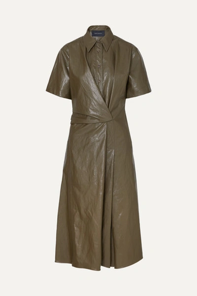 Cedric Charlier Short-sleeve Faux-leather Shirtdress In Army Green