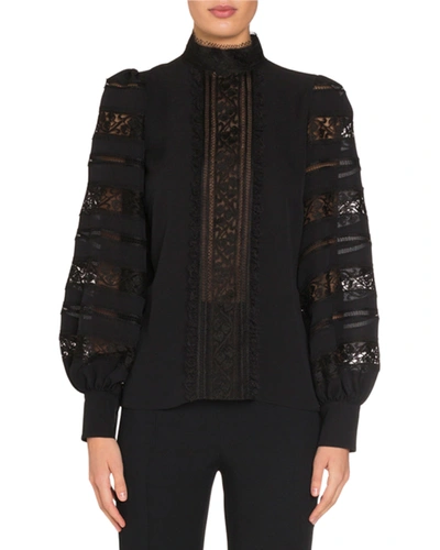Andrew Gn Long-sleeve Silk Blouse With Lace Insets In Black