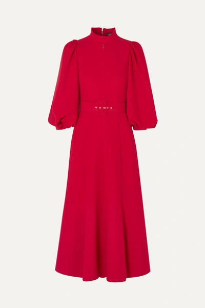 Andrew Gn Mock-neck Keyhole-front 3/4-sleeve Belted Midi Dress In Red