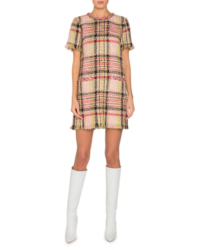 Andrew Gn Floral-embroidered Short-sleeve Checkered Tweed Dress In Multi Pattern