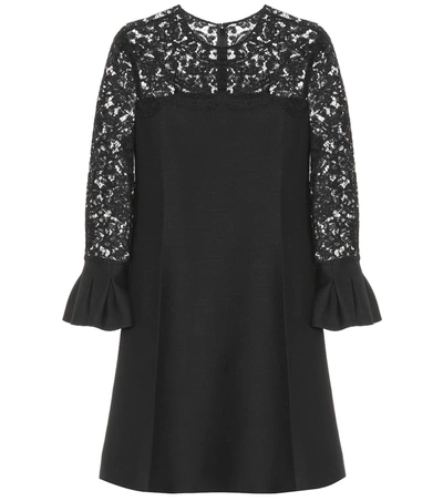 Valentino Lace Trim Flare Cuff Wool & Silk Minidress In 0no-black