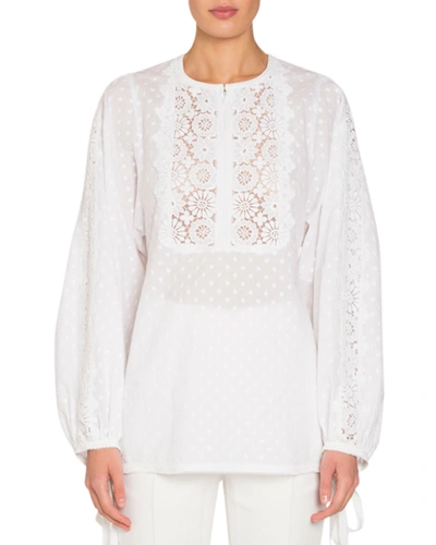 Andrew Gn Dotted Long-sleeve Blouse With Eyelet Lace In White