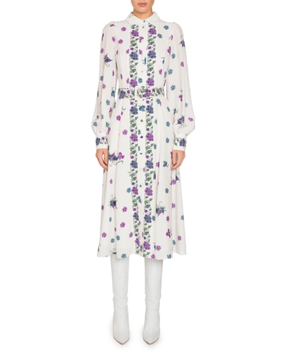Andrew Gn High-neck Printed Silk Shirtdress With Belt In Multi Pattern