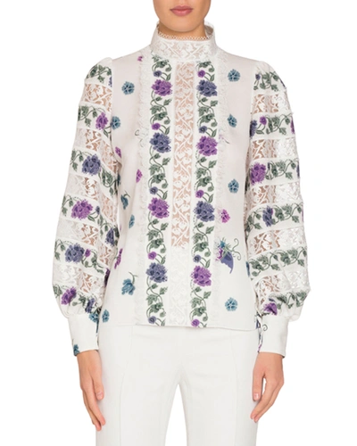 Andrew Gn Long-sleeve Printed Silk Blouse With Lace Insets In Multi Pattern