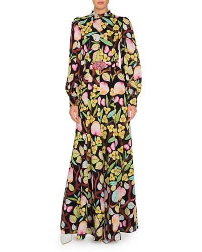 Andrew Gn Printed Silk Long-sleeve Dress With Belt In Black