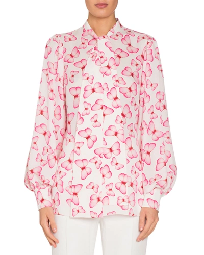Andrew Gn Butterfly-print Tie-neck Blouson-sleeve Silk Blouse In Black/pink