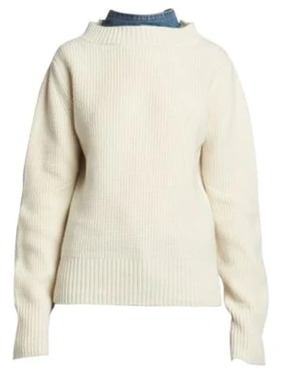 Sacai Denim-back Ribbed-knit Mock-neck Sweater In Off White