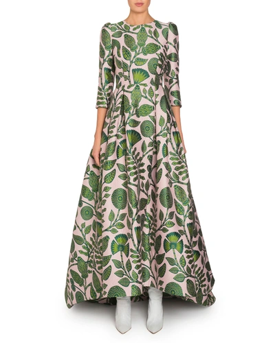 Andrew Gn 3/4-sleeve Floral-jacquard A-line Gown In Pink/green